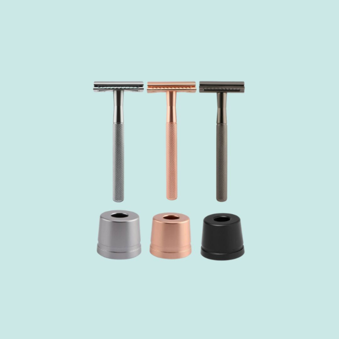 SAFETY RAZOR SCHEERMES + HOUDER + MESJES | 3 kleuren